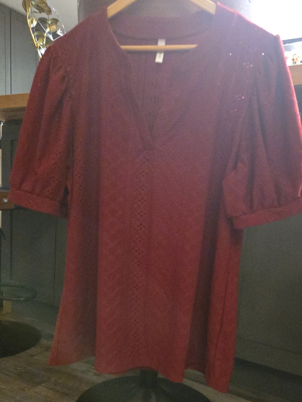 Women's Burgundy Eyelet Puff Sleeve Top